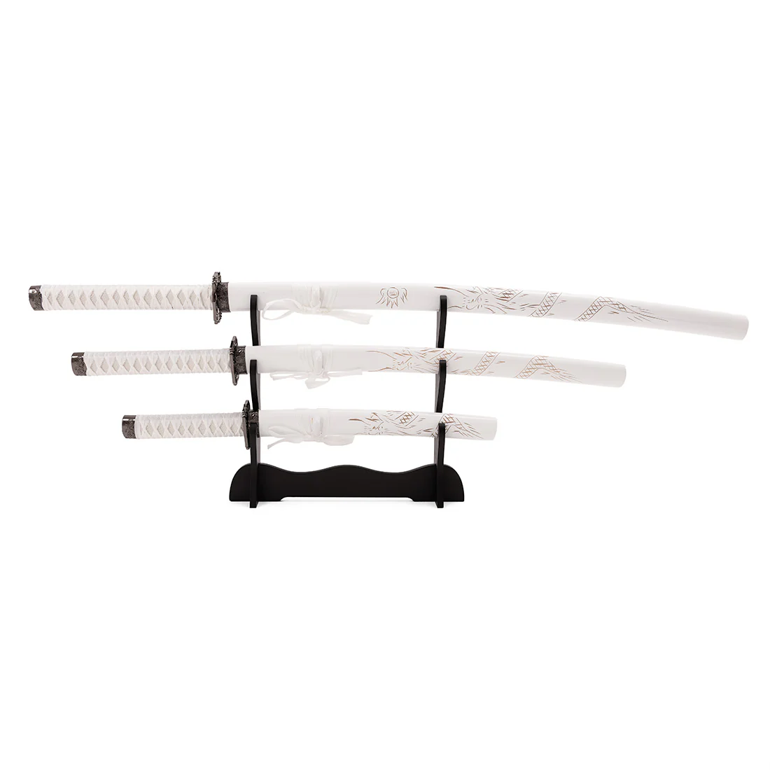 White Samurai 3 Piece Sword & Stand - Display
